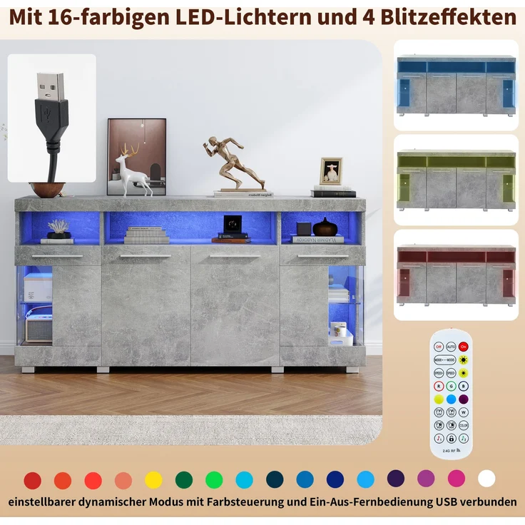 Beistelltisch Sideboard 140x40x70 cm, zementgrau mit LED-Beleuchtung & Glasfronten – Bild 5