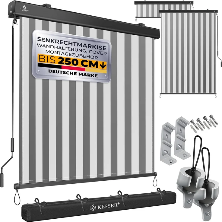 KESSER® Senkrechtmarkise Außenrollo Handkurbelmechanismus Balkonrollo Sonnen & Sichtschutz Beschattung Sonnenschutz Außen Rollo mit Kurbel Markisenkasten Balkon & Terrasse Inkl. Montageset & Abdeckung Grau / Weiß, 140 x 250cm – Bild 1