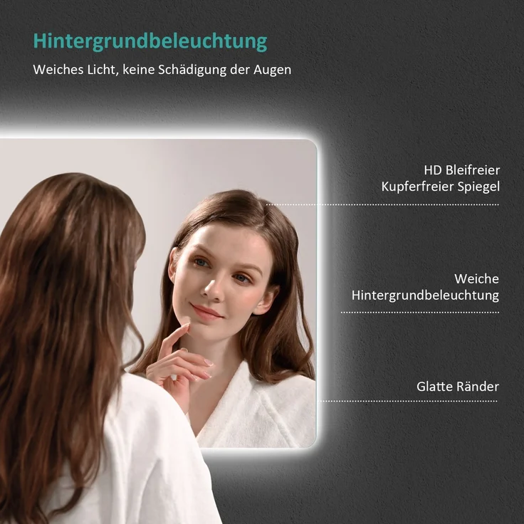 EMKE LED Badspiegel mit Beleuchtung 80x60cm Kaltweiß Wandschalter Badezimmerspiegel – Bild 4