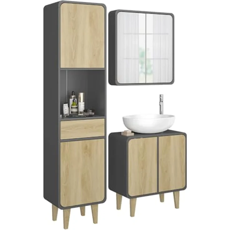 Vichy Badmöbel-Set Arla, 3-teilig, Anthrazit/Eiche mit Hochschrank und integriertem Spiegelschrank mit Beleuchtung – Bild 6