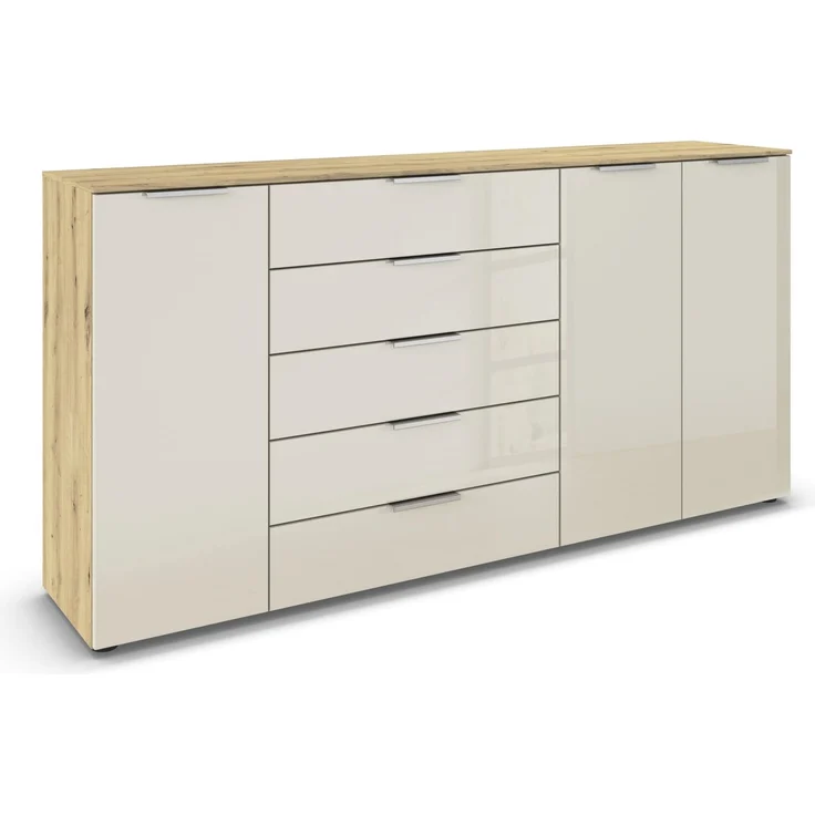 Rauch Möbel Flipp, Kommode für Schlafzimmer, Kinderzimmer, Wohnzimmer, Flur, Garderobe, 3-türig, 5 Schubladen, mit Softclose-Funktion, Farbe Eiche Artisan, Holz/Glas Beige, Breite 199 cm – Bild 1