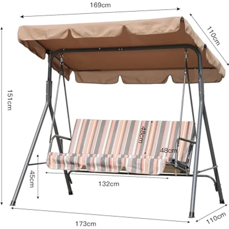 Angel Living Hollywoodschaukel Gartenschaukel 3 Sitzer, 3,00-Sitzer, Relaxfunktion, Verstellbarem Sonnendach und Abnehmbarem Kissen, 173cm x 110cm x 151cm – Bild 4