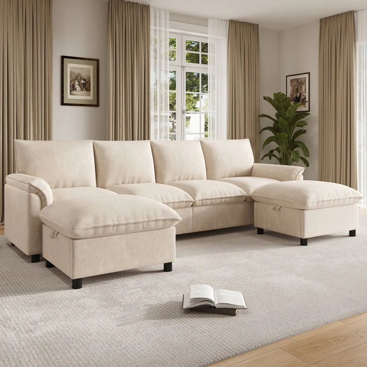 ZUBALIYA Modulare Wohnlandschaft, mit Stauraum, modular kombinierbar, mit Hocker, H 84 × T 142.5 × B 264.5 cm, Beige, Chenille – Bild 7