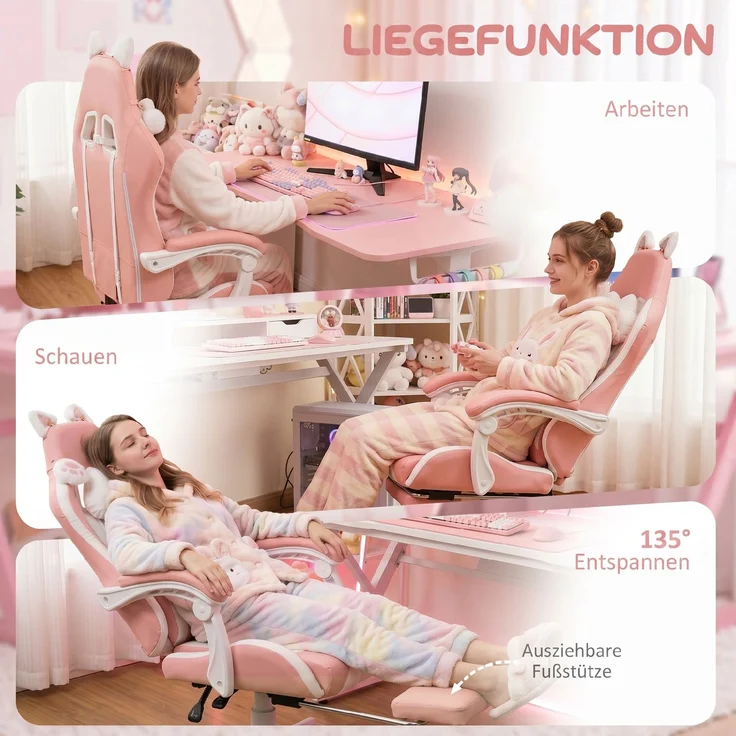 HOMCOM Gaming Stuhl, Kunstleder, Rosa, 65L x 62B x 116-124H cm – Bild 8