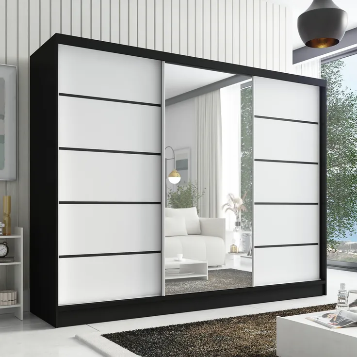Schwebetürenschrank ARIVA 2 3-türig Schrank 200 cm (mit Spiegel) Farbe: Schwarz , Weiß