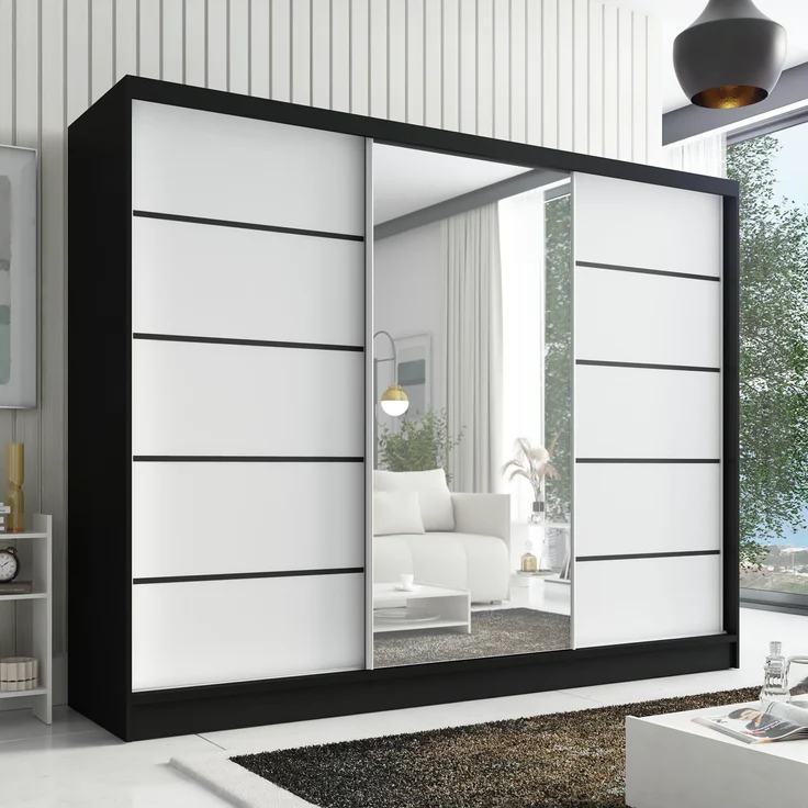 Schwebetürenschrank ARIVA 2 3-türig Schrank 200 cm (mit Spiegel) Farbe: Schwarz , Weiß – Bild 1