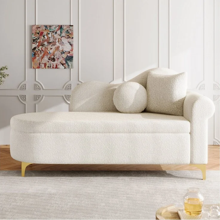 Odikalo Chaiselongue Relaxsessel Freizeitstuhl mit Stauraum & Schlaffunktion, modernes Design wellenförmige Rückenlehne Lammfell-Optik-Stoff hochdichter Sitzkissen inkl Lendenkissen Nackenkissen 134cm – Bild 2