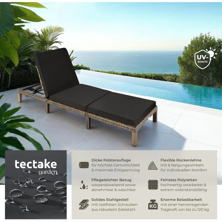 tectake® Polyrattan Sonnenliege mit 6-Fach höhenverstellbarer Rückenlehne, Outdoor Daybed mit bequemer Polsterauflage, Gartenliege Rattan für drinnen und draußen, pflegeleicht und stabil - Natur – Bild 4