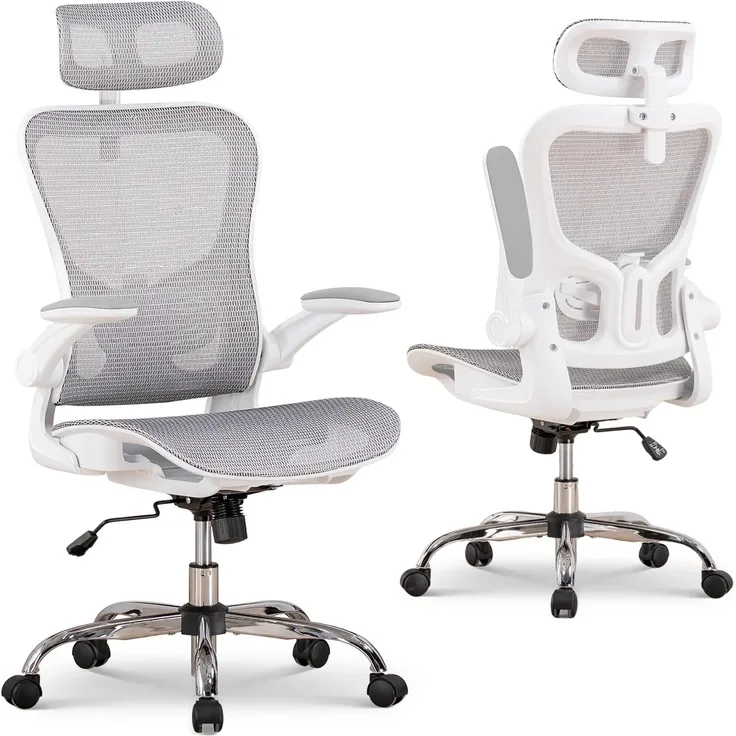 GTPLAYER Bürostuhl Ergonomisch, Schreibtischstuhl mit Verstellbarer Kopfstütze, Armlehnen, Lendenwirbelstütze, Büro Stuhl & Gaming Stuhl Wippfunktion, Chefsessel aus Mesh, 150kg(Weiß)
