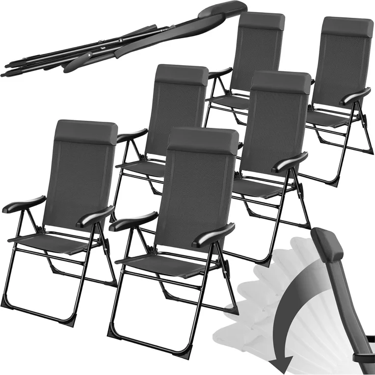tectake® Gartenstuhl Hochlehner, Gartenmöbel Set, Liegestuhl 7-Fach verstellbar, Klappstuhl, Campingstuhl, Klappstühle Balkon Möbel, Camping Stuhl, Gartenstühle - anthrazit, 6er Set