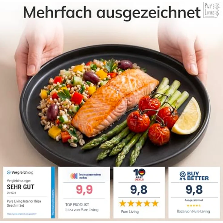 Steingut Geschirrset 12 Pers. Manhattan 36-tlg Hochwertiges Urban Style TEST SEHR GUT Steingut Geschirr Set- Schüssel- und Teller Set- Tafelservice 12 Personen Geschirrsets Pure Living in matt schwarz – Bild 4