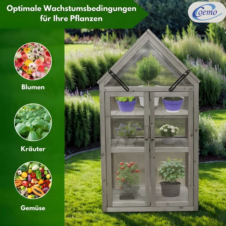 Coemo Gewächshaus Grau Jan mit aufklappbaren Türen und Dach 70 x 41 x 132 cm – Bild 7