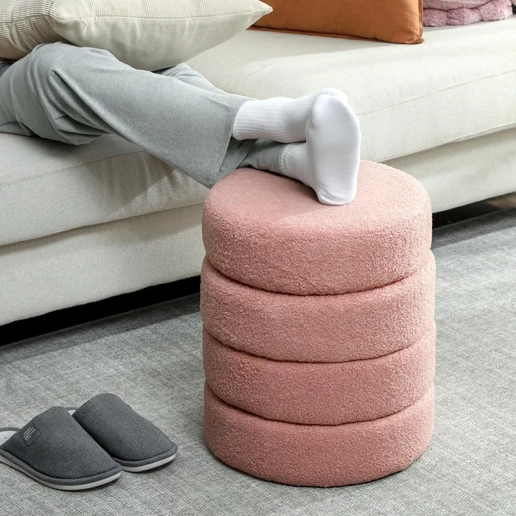 HOMCOM Fußhocker Sitzhocker mit Sitzkissen (Runder Polsterhocker, 1 St, Fußstütze), für Wohnzimmer, Schlafzimmer, Rosa, Ø40 x 45 cm – Bild 6