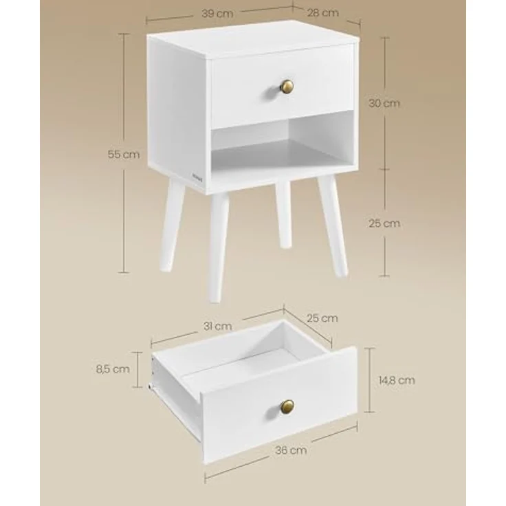 Vasagle Nachttisch, Beistelltisch mit Schublade und offener Ablage, Holzbeine, Couchtisch für Wohnzimmer, Schlafzimmer, Sofa, schneeweiß – Bild 4