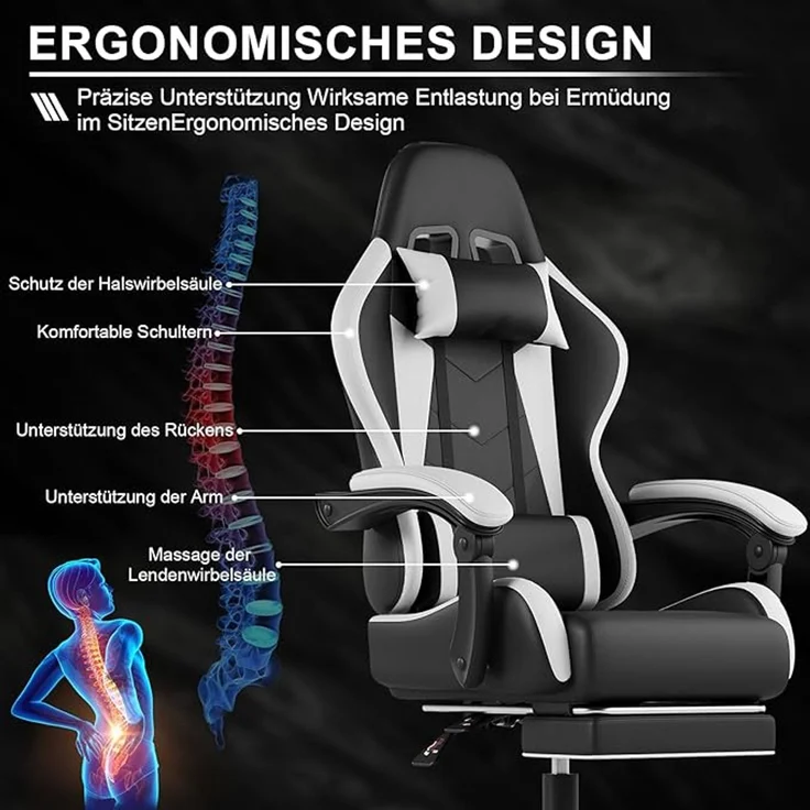 Devoko Massage Gaming Stuhl, Computer Bürostuhl mit Fußstütze, Racing Gamer Stuhl 150kg Belastbarkeit, 90-135° Rückenlehne einstellbar Ergonomischer PC Stuhl, 360° drehbar, Weiß – Bild 5