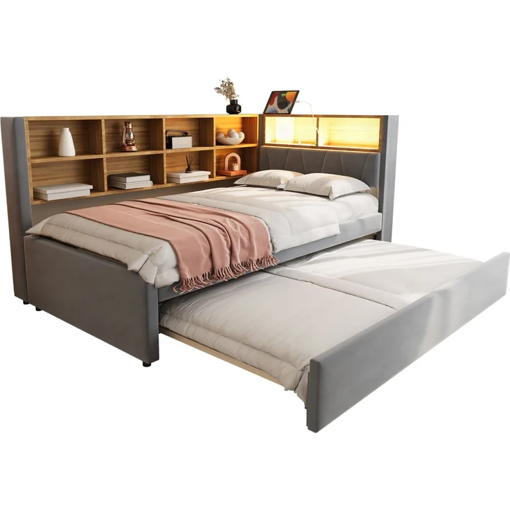 Polsterbett Ausziehbett 90/200 cm mit 90/190 cm Gästebett, LED, USB-C und Stauraum, Flanell Dunkelgrau, ohne Matratze – Bild 7