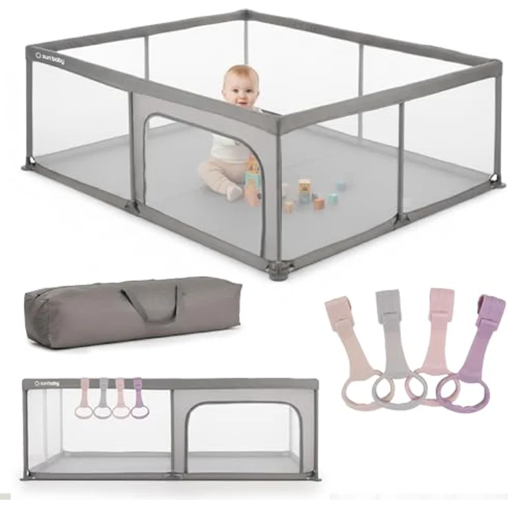 sun baby Laufstall mit rosa Griffen 150x200 cm 0-2 Jahre Grau, Polyester, Netzwände, Eingang mit Reißverschluss, rutschfeste Füße, Tragetasche im Set, Metallrahmen – Bild 2