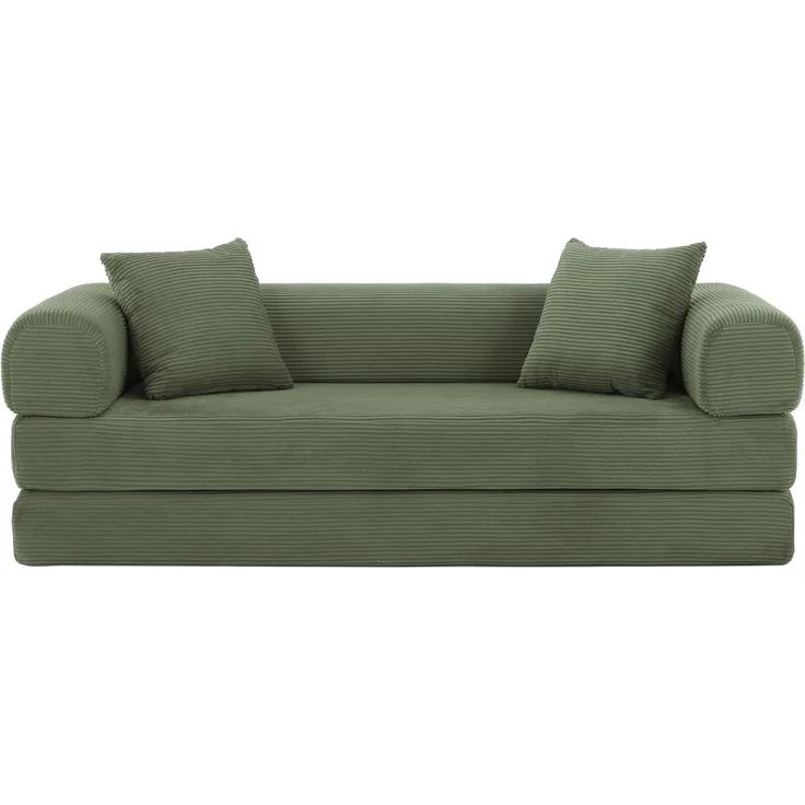 3-Sitzer Cord-Schlafsofa mit Blockboden, umwandelbar in ein flaches Bett, komprimiert verpackt, vollständig mit hochdichtem Schaumstoff gepolstert, keine Montage erforderlich, maximale Belastung 300 kg--Grün--189x89x59cm--YOUDENOVA