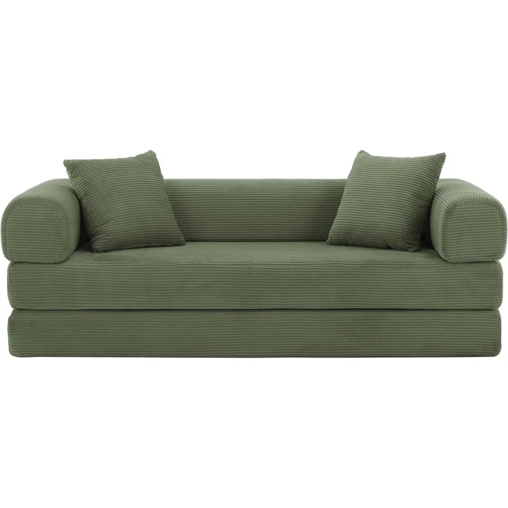 3-Sitzer Cord-Schlafsofa mit Blockboden, umwandelbar in ein flaches Bett, komprimiert verpackt, vollständig mit hochdichtem Schaumstoff gepolstert, keine Montage erforderlich, maximale Belastung 300 kg--Grün--189x89x59cm--YOUDENOVA – Bild 1