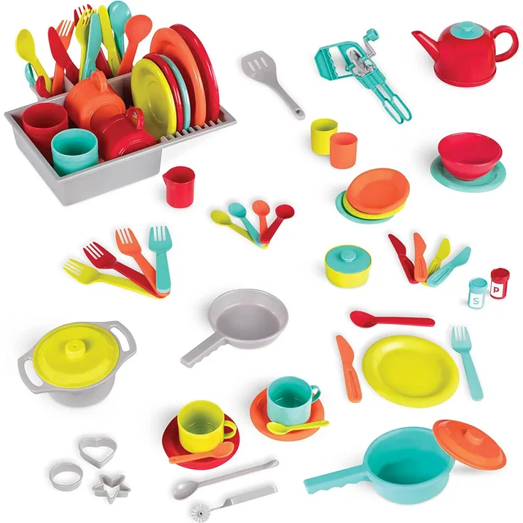 Battat Deluxe Küchenset, Kinderküche Zubehör Geschirr Set und Topfset Teller, Tassen, Besteck – Kinder Kochgeschirr für Spielküche – Spielzeug Küchenzubehör Spielgeschirr ab 2 Jahren (71 Teile)