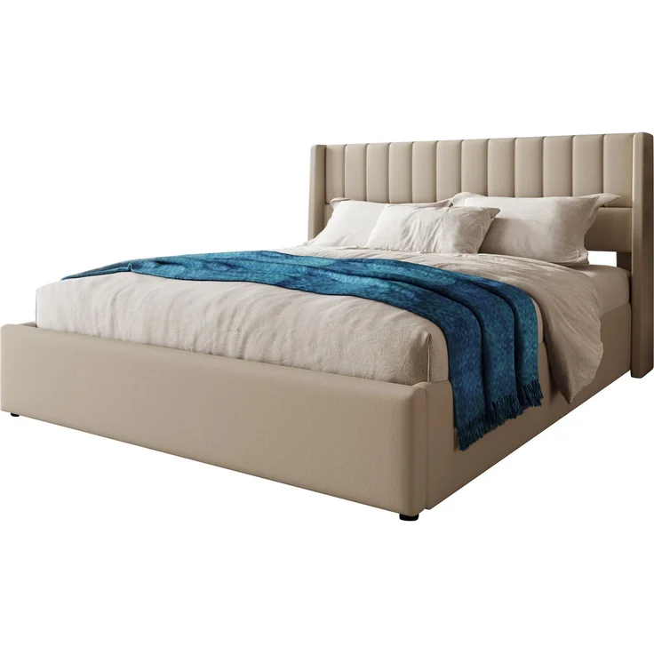Stauraumbett Polsterbett 160x200 cm Doppelbett mit Hydrauliksystem, Lattenrost aus Holz und Metallrahmen, Leinen, Beige – Bild 2