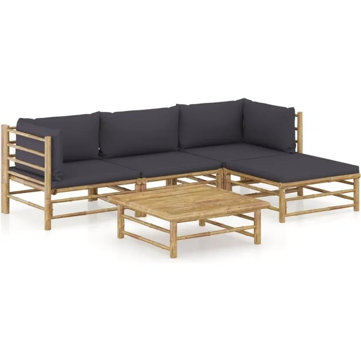 vidaXL 5-tlg. Garten-Lounge-Set mit Dunkelgrauen Kissen Bambus 3058194