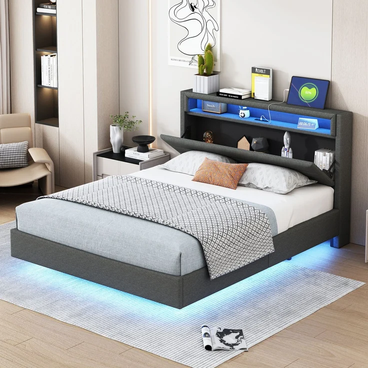 Polsterbett 140x200 cm mit USB-Steckdose und LED-Licht, wendbares Kopfteil, verdecktes Fußteil, Doppelflachbett, Jugendbett, Erwachsenenbett, Leinenstoff grau – Bild 1