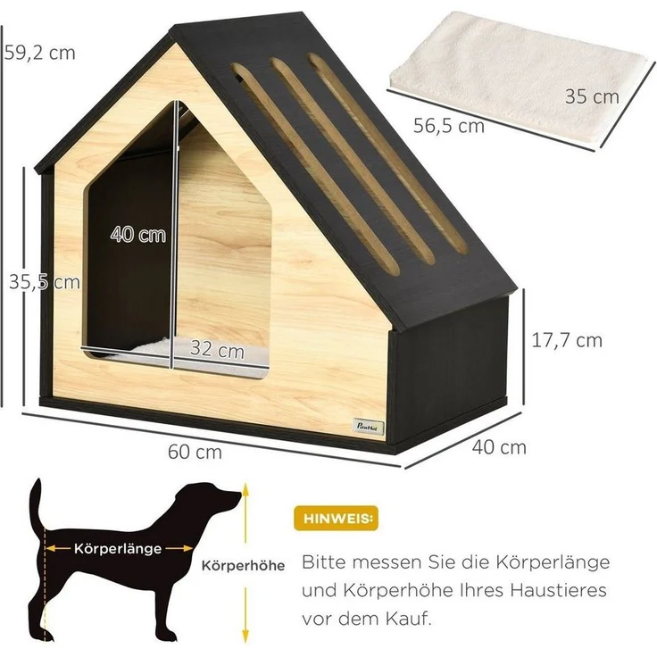 PawHut Hundehütte Hundeschlafplatz mit Kissen, Kaffee-Braun 60 x 40 x 59.2 cm – Bild 2