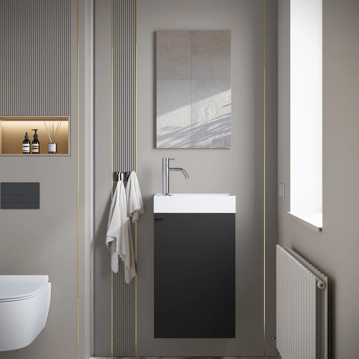 Badplaats Gäste-WC Waschtisch Set Apollo 40x22 cm Schwarz Matt - Platzsparende Badmöbel Set mit Waschbecken und Unterschrank – Bild 6