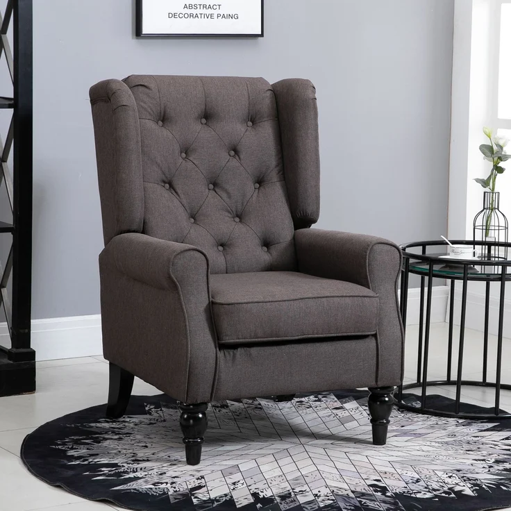 Wohnora-Sessel Ohrensessel mit Armlehnen, Loungesessel mit Kissen, Tufting, hoher Rückenlehne Armlehnensessel mit Holzbeine, Relaxsessel für Wohnzimmer, Schlafzimmer, Braun,H 102cm x T 74cm x B 86cm – Bild 2