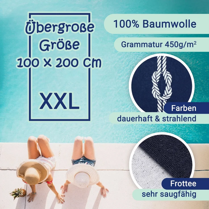 ZOLLNER Strandtuch XXL aus Baumwolle, 100x200 cm, marine-weiß – Bild 2
