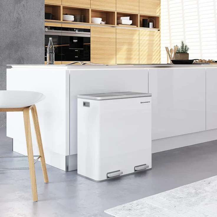 Songmics Mülleimer mit 2 Fächern und Softclose, luftdicht inkl. Müllbeutel, Metall, 60 (2x30) Liter, Weiß – Bild 2