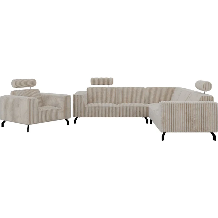 Möbelset 2-teilig, Ecksofa mit Sessel VESANO, Wohnlandschaft, Ecksofa L-Form mit Sessel, HR-Schaum & Wellenfederung, Set mit verstellbaren Kopfstützen - Beige Cord – Bild 10