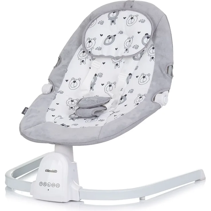 Chipolino Babywippe Oasis Fernbedienung, Timer, Moskitonetz, Gurt, Plüschtiere hellgrau