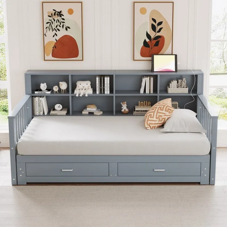Odikalo Ausziehbett Schlafsofa Daybett Stauschrank USB 2 Schubladen 90/180x190cm Weiß/Grau
