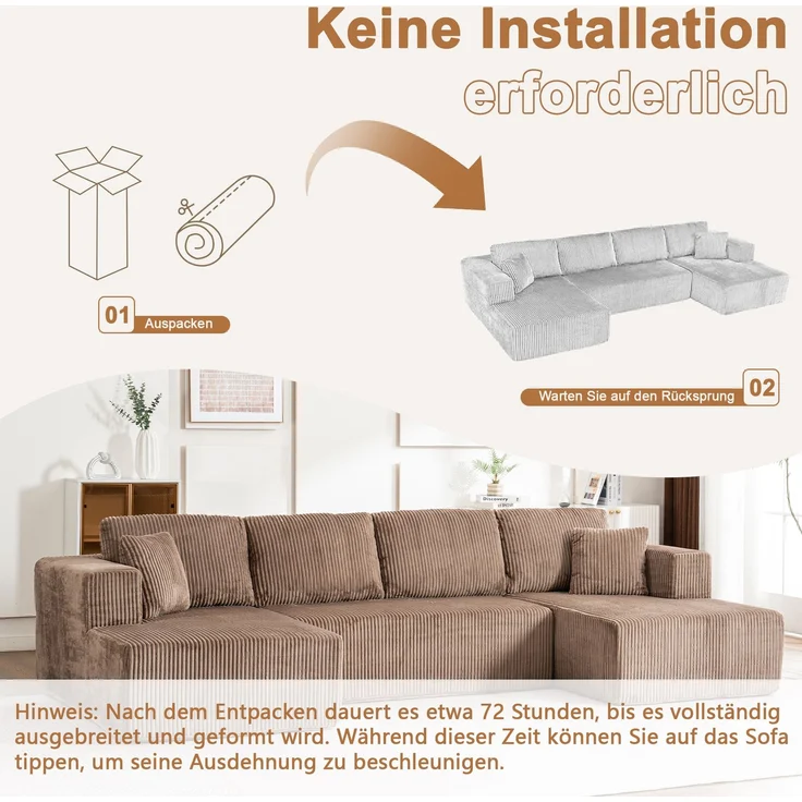 Schlafsofa U-Form 332x156x88 cm Braun aus Corduroy, mit Schlaffunktion, 4 großen und 2 kleinen Kissen – Bild 8