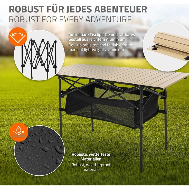 Hauki Campingtisch Klapptisch faltbar aus Aluminium inkl. Tragetasche, Gartentisch 118x55x64,5 cm Beige, Aufrollbare Tischplatte, Falttisch – Bild 7