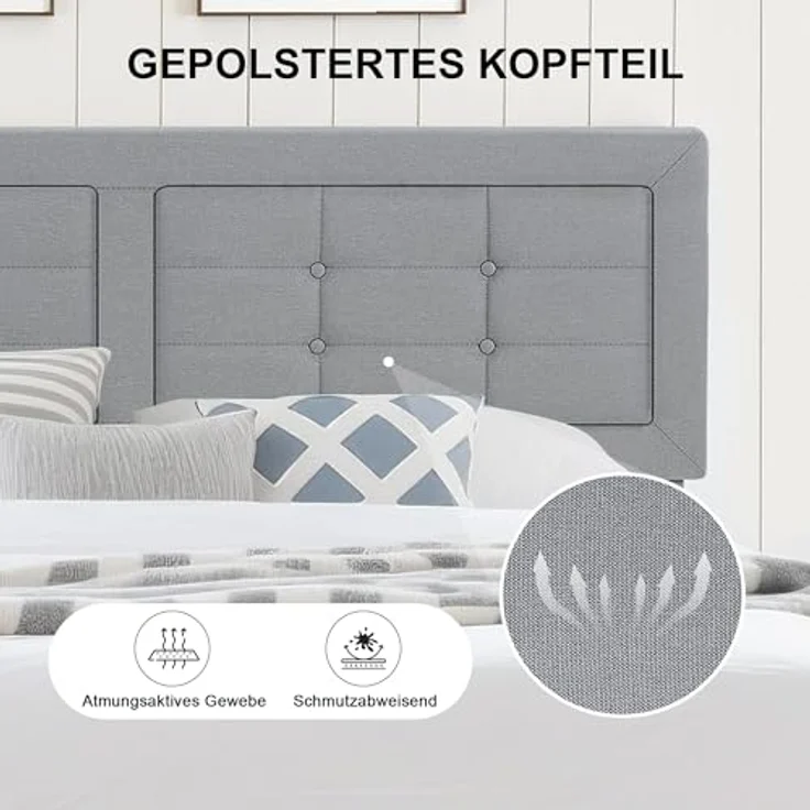 VECELO Polsterbett 140x200 cm, Doppelbett mit Höhenverstellbarem Kopfteil, Bett Bettrahmen mit Lattenrost, Gepolstertes Bettgestell Jugendbett für Schlafzimmer Gästezimmer, Hellgrau – Bild 4