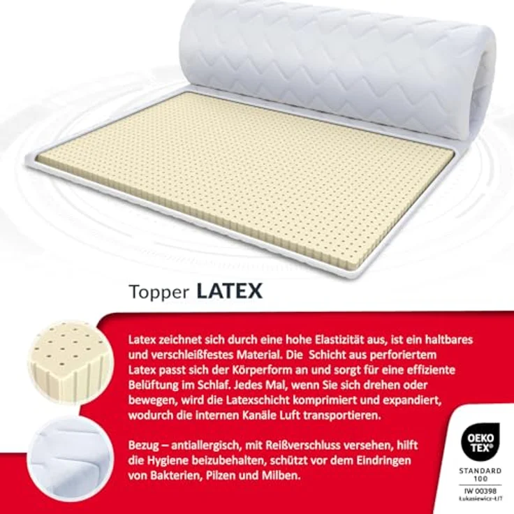 FDM Topper 90x200 cm, Latex Matratzenauflage mit 3 cm Latexschaum H3, atmungsaktiver antiallergischer Bezug – Bild 4