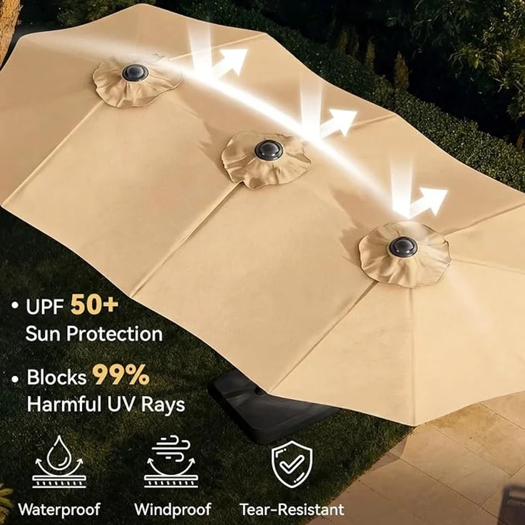 Aoxun Sonnenschirm Mit Basis 455x267cm UV Schutz Schutzhülle Kurbel Stabil Groß Garten Terrasse Balkon Doppelter Marktschirm Gartenschirm, Parasol Windfest, cremefarben,Beige – Bild 3