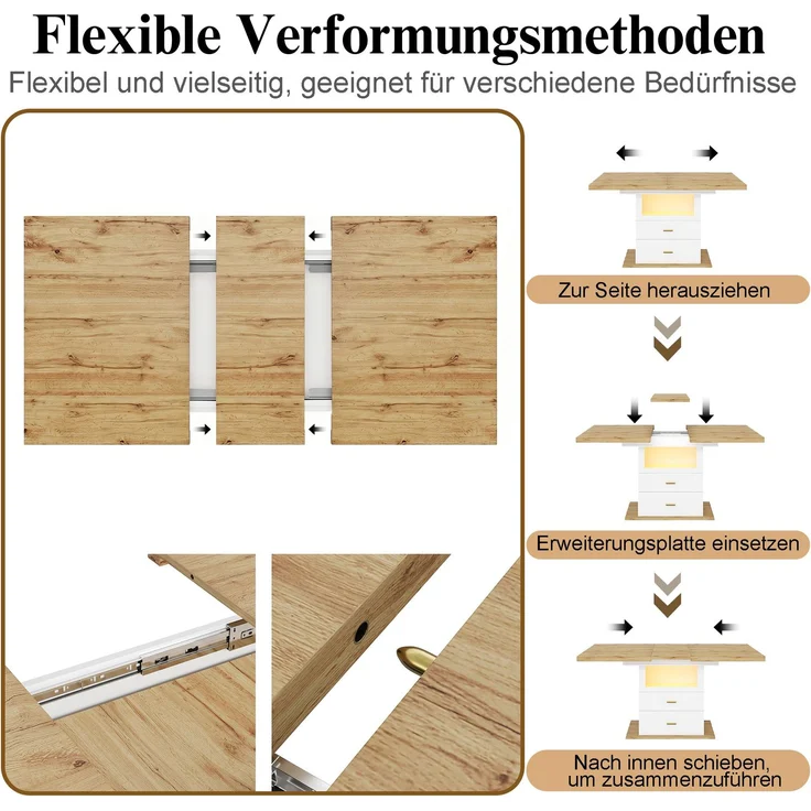Esstisch 110/140x80x75 cm, ausziehbar mit LED-Beleuchtung, App-Steuerung und Stauraum – Bild 8