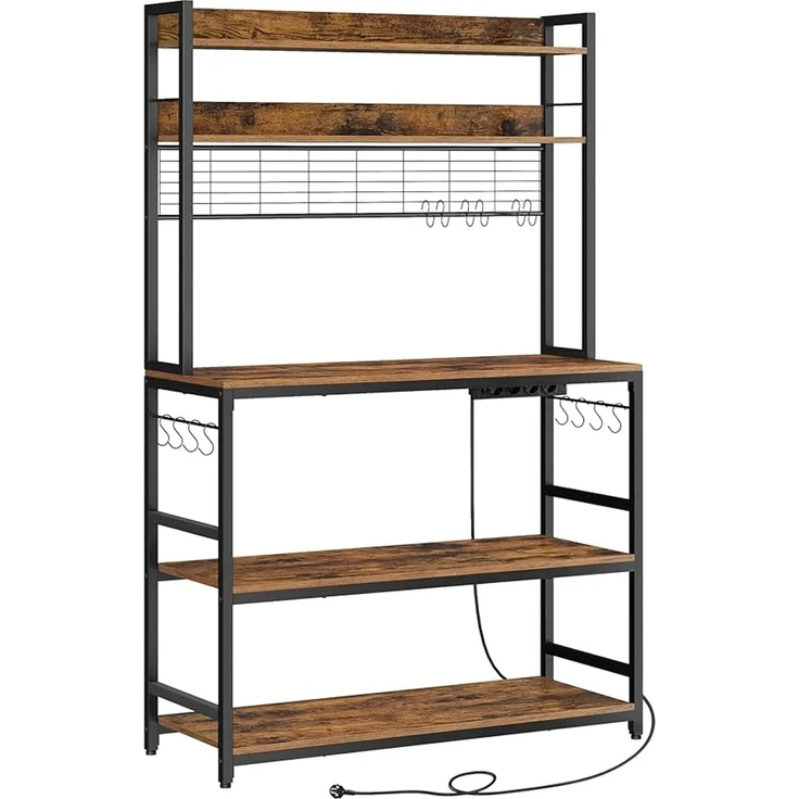 Vasagle Küchenregal mit Steckdosen und 14 Haken, Stahl vintagebraun-schwarz, 40 x 100 x 170 cm – Bild 1