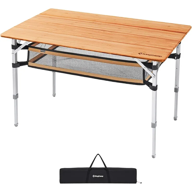 KingCamp Campingtisch Bambus Falt Tisch Camping Klapptisch, Garten Alu Holz 3Höhen Verstellbar