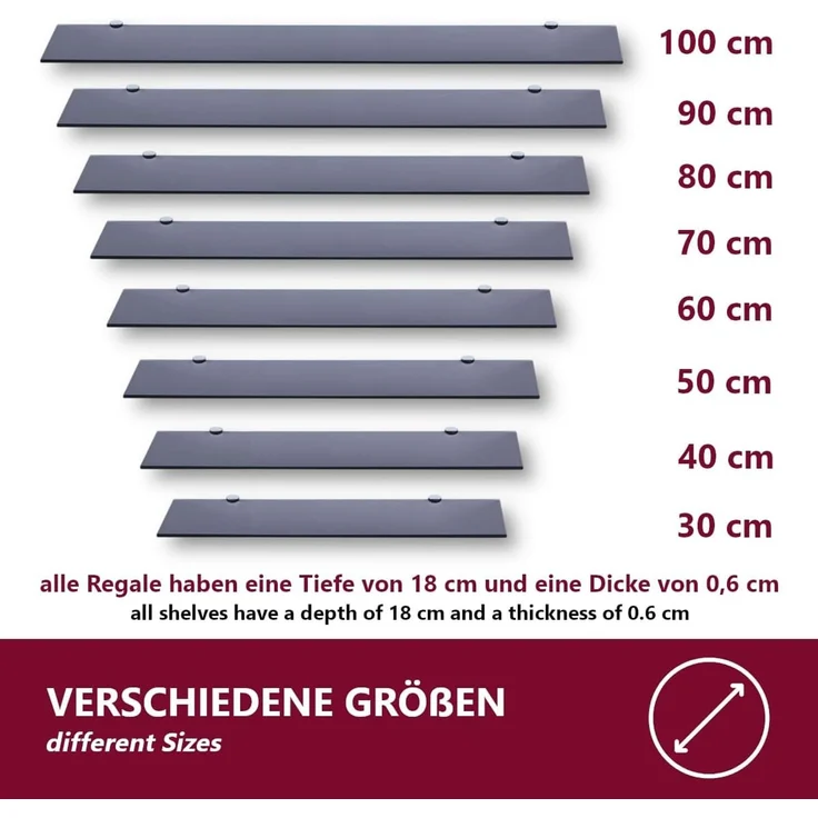 HOOZ Wandregal aus Sicherheitsglas mit Halterung - Schwarz - 80 x 18 x 0,6 cm, 1-tlg, mit geschliffenen Kanten – Bild 3