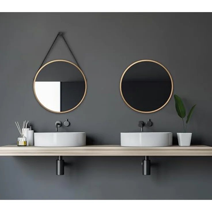 Talos Golden Style Wandspiegel Ø 50 cm, runder Badspiegel in Gold mit hochwertigem Aluminiumrahmen und Lederoptik Aufhängung, vielseitig einsetzbar – Bild 1