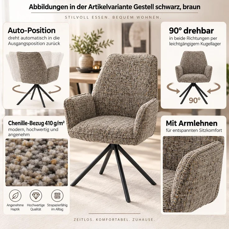 6er-Set Esszimmerstuhl HWC-G67, drehbar Auto-Position Metall Chenille (410g/m²) ~ Gestell schwarz, dunkelgrün – Bild 2