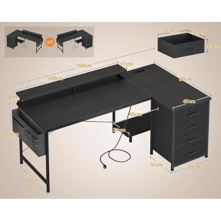 ODK L-förmiger Schreibtisch Schwarz USB-Ladestation 4 Schubladen 160x80cm – Bild 3