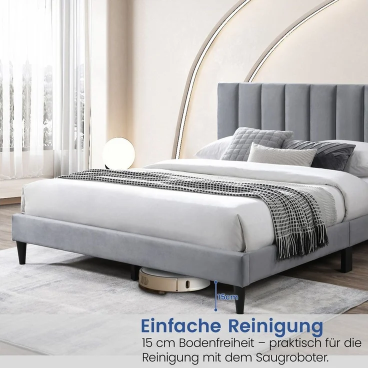 Home Collective Polsterbett 140x200 160x200 & 180x200 cm mit Lattenrost und weichem Bezug (Bettgestell Doppelbett mit gepolstertem Kopfteil, robustes Gestell, hoher Liegekomfort), vertikaler Steppung, 180x200 cm, Grau – Bild 3