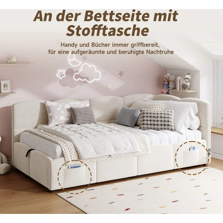Polsterbett mit Aufbewahrung, Taschen, Lattenrost, USB und Type-C, 90x200 cm, Einzelbett mit gepolstertem Kopfteil, Samt – Bild 4