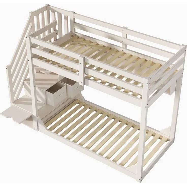 OKWISH Hochbett Bett 90x200 cm mit Treppenschrank und Stauraum, weiß (Etagenbett, 1-St, für Geschwister mit Sicherheitsgeländer und Ablagefächern) platzsparendes Holz Kinderbett (ohne Matratze) – Bild 4